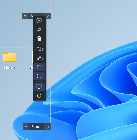 DeskDrawer's board menu — a narrow dark column of icon-only commands for creating, renaming, deleting, sorting and restyling a board