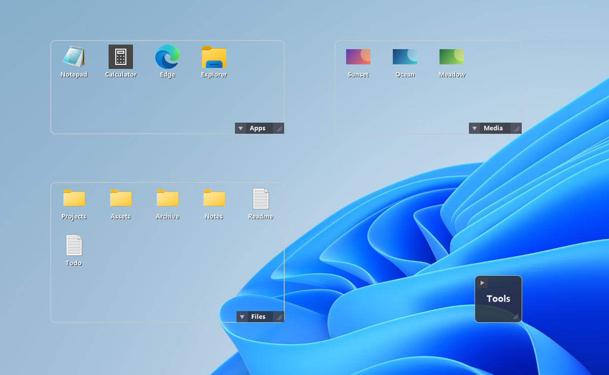 Close-up of DeskDrawer drawers grouping desktop icons, folders, and shortcuts